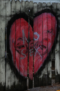 Un coeur peint sur du bois, dans lequel il est écrit "No sex".